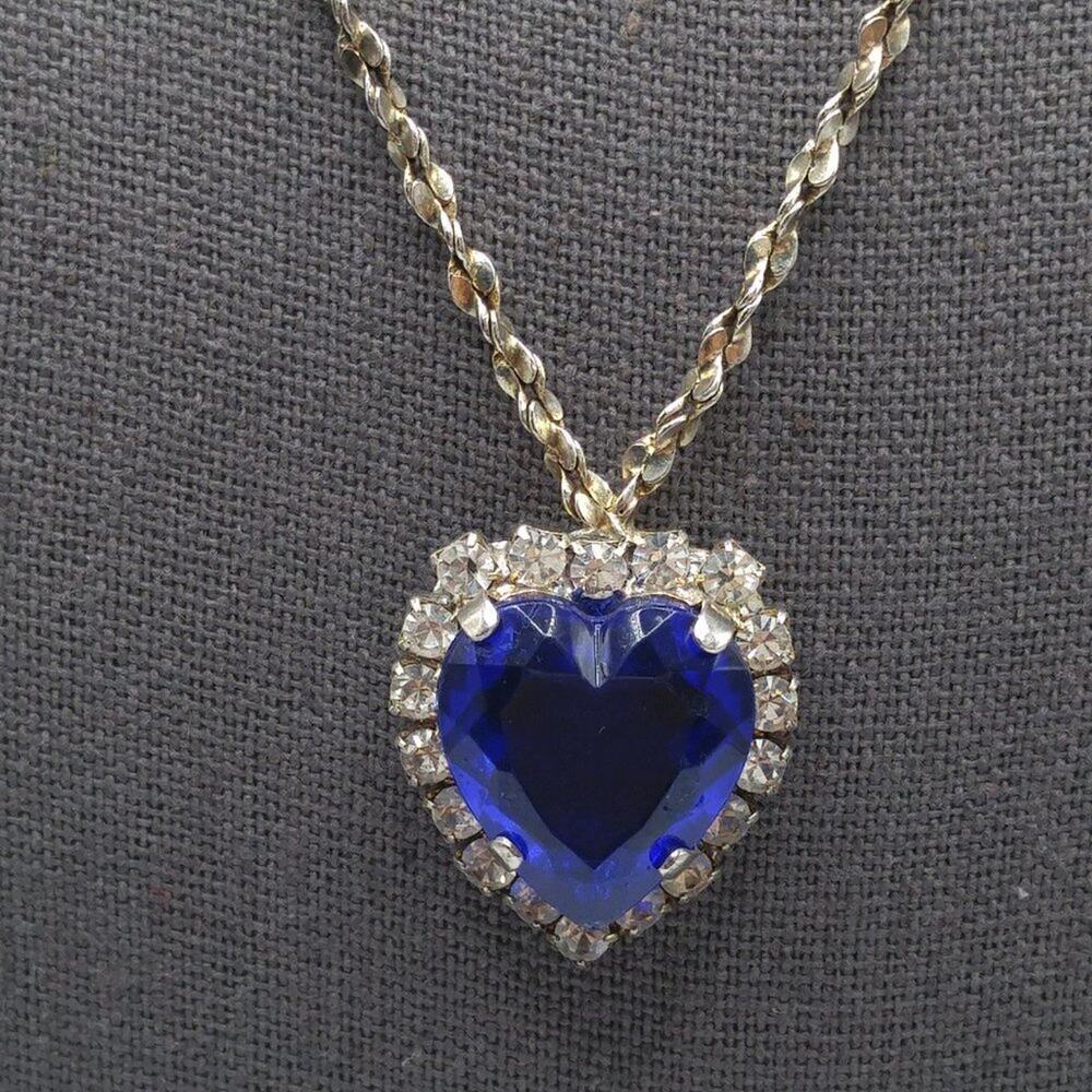 Vintage Blue Heart Pendant Necklace, Signed BC Lind 1998, Clear Rhinestones, 17" - Picture 3 of 11